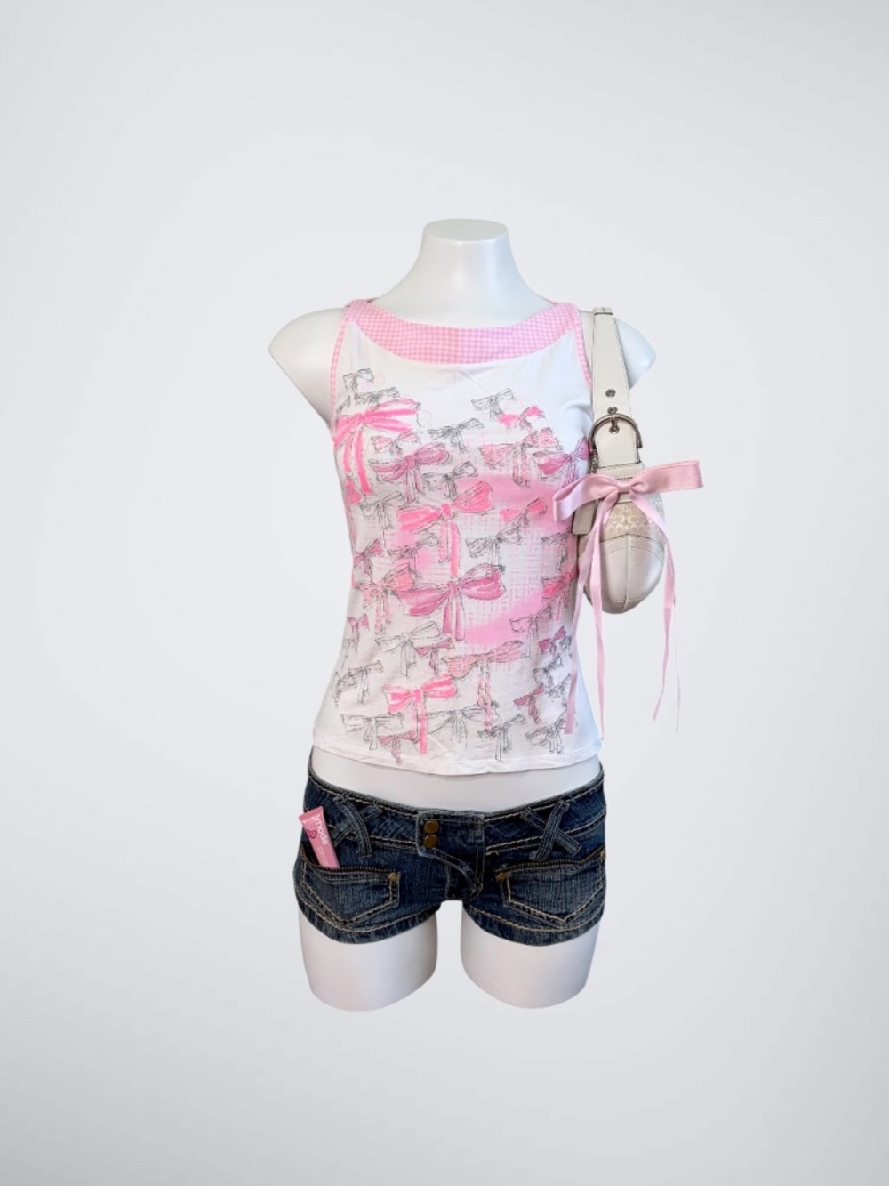 VTG Y2K Morgan De Toi Bow Print Tank Top Pink Gingham Trim Coquette
